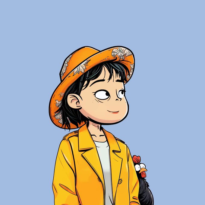 A cartoon illustration of a young person wearing an orange patterned hat and yellow jacket, holding a black chicken with a red comb.