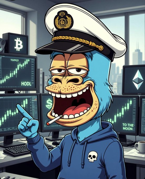 A cartoonish blue gorilla wearing a captain's hat and hoodie smokes a cigarette while pointing at cryptocurrency trading charts, with Bitcoin and Ethereum logos visible.