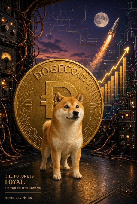 A stylized promotional poster for Dogecoin featuring a Shiba Inu dog standing in front of a large golden Dogecoin, with a rocket launching past the moon and an upward trending chart, captioned 'THE FUTURE IS LOYAL. DOGECOIN. THE PEOPLE'S CRYPTO.'