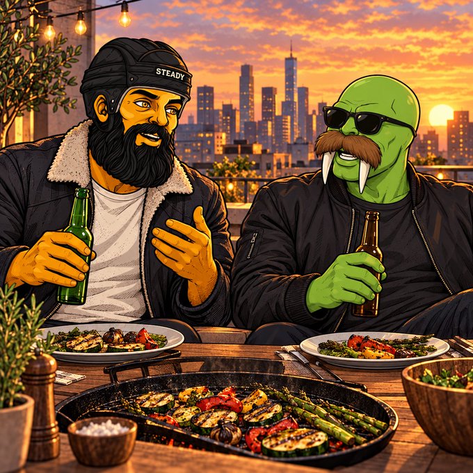 An illustrated scene of two characters, one bearded human and one green-skinned figure with tusks and sunglasses, having drinks and grilled vegetables at a rooftop table against a sunset city skyline.