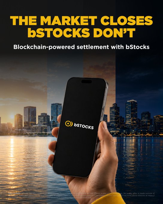 A hand holds a smartphone displaying the bStocks logo against a city skyline transitioning from day to night, with bold text reading "THE MARKET CLOSES bSTOCKS DON'T — Blockchain-powered settlement with bStocks." The visual reinforces the caption by contrasting the setting sun over a sleeping city with the always-available, blockchain-powered trading platform.