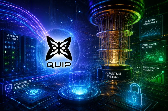 A futuristic digital graphic displays the QUIP (Quantum Unified Intelligence Protocol) logo centrally, surrounded by glowing server racks labeled "Classical Clusters," a cylindrical quantum computer marked "Quantum Systems," and holographic panels reading "Proof of Useful Work," "Decentralized Network," "Useful Compute Real Impact," and "Post-Quantum Security," visually reinforcing the post's message about tackling compute and security constraints through hybrid classical-quantum decentralized infrastructure.