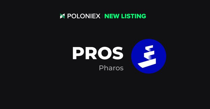 The image displays a Poloniex new listing announcement for the cryptocurrency token "PROS" (Pharos), featuring the Poloniex logo at the top, the "PROS Pharos" name in bold white text, and the project's blue circular logo with a stylized white "P" design. The accompanying post provides details about the deposit opening on July 3rd at 03:30 UTC and full trading enablement at 07:00 UTC for the Pharos network token on Poloniex.
