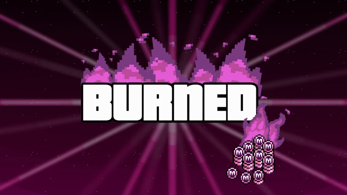 The image shows a purple background with white text that reads "Burned" above a firework display of pink and purple colors, which appears to be a game or video game logo. The text also mentions that 3.23 ETH was used to buy METH from the market and burn it, indicating that the post is related to a gaming event or release.