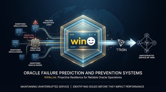 A WinLink promotional graphic titled 'ORACLE FAILURE PREDICTION AND PREVENTION SYSTEMS,' depicting monitored oracle nodes feeding into a 'win' hub that connects to TRON for uninterrupted service.