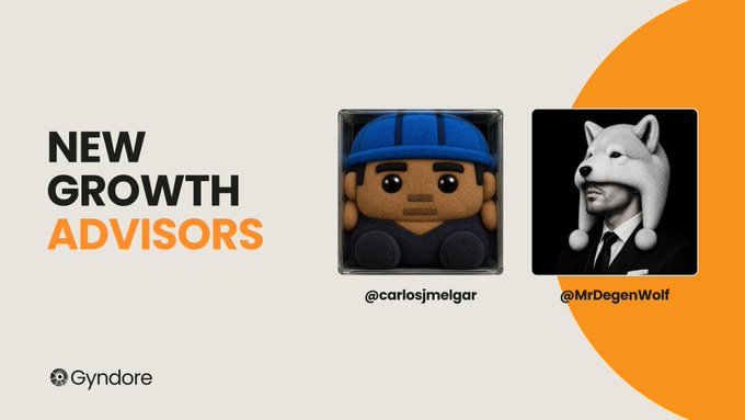 An announcement slide titled 'NEW GROWTH ADVISORS' featuring profile pictures for @carlosjmelgar and @MrDegenWolf alongside the Gyndore logo.