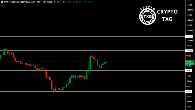 A candlestick chart of AAVE/TetherUS Perpetual Contract on a 1-day timeframe shows the cryptocurrency consolidating below the $80.60 resistance level before breaking out, rallying toward the $100 mark, and currently trading at $89.36 (+0.07%), as highlighted by the Crypto TXG logo in the top right corner.