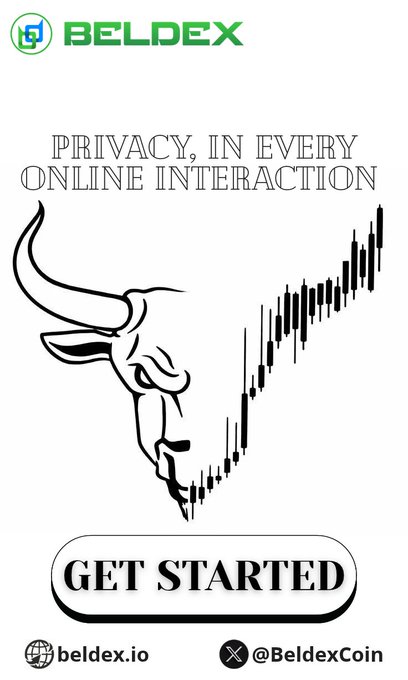 The image is a promotional graphic for Beldex featuring a bull formed from a rising candlestick chart, with the tagline "PRIVACY, IN EVERY ONLINE INTERACTION" and a "GET STARTED" call-to-action button. It includes the Beldex logo, website (beldex.io), and Twitter handle (@BeldexCoin), visually reinforcing the post's message about Beldex's confidential computing and Fully Homomorphic Encryption (FHE) features that secure digital footprints.