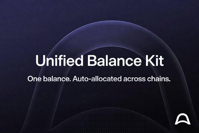 A dark promotional graphic with text reading 'Unified Balance Kit, One balance. Auto-allocated across chains.' and a logo in the bottom right corner.