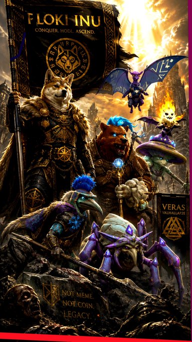 A fantasy-themed crypto meme poster titled "FLOKI INU - CONQUER. HOWL. ASCEND." depicts warrior dogs, bats, and a goblin in armor, with the slogan "NOT MEME. NOT COIN. LEGACY." at the bottom.