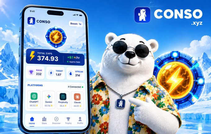 A promotional graphic for 'CONSO.xyz' featuring a polar bear wearing sunglasses and a Hawaiian shirt next to a phone interface displaying 'TOTAL ZAPS 374.93' and other stats.