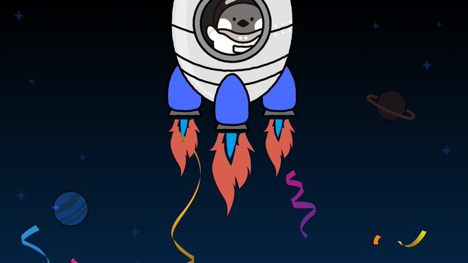 A cartoon otter wearing a space helmet rides a white rocket with blue thrusters and red-orange flames through a starry night sky, surrounded by planets and colorful streamers. The image playfully illustrates the post's celebration of World Space Week's "Rocket Revolution" theme, symbolizing the SpaceX-fueled journey of crypto from obscurity to orbit.