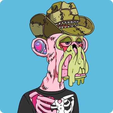 A Bored Ape-style NFT illustration showing a zombie-like ape wearing a green cowboy hat, with pink and green mutated skin against a blue background.