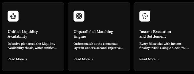 The image shows three dark feature cards highlighting Injective's key trading capabilities: "Unified Liquidity Availability," "Unparalleled Matching Engine," and "Instant Execution and Settlement." Each card includes a brief description and a "Read More" link, visually breaking down the post's claims about Injective's protocol-level advantages in liquidity, order matching speed, and single-block settlement—reinforcing why $INJ is positioned as a serious onchain trading platform.