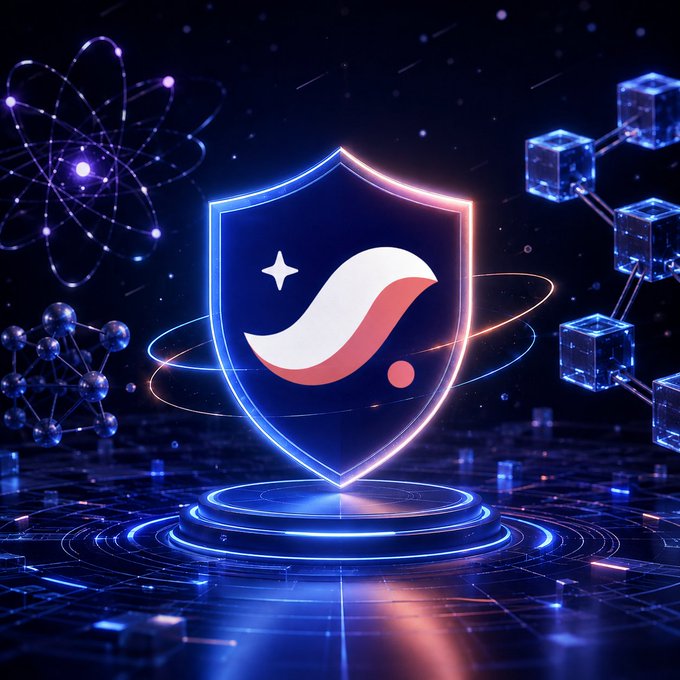 A glowing, futuristic 3D render displays a shield emblem containing a stylized white and red wave or bird logo, set on a pedestal with atom and blockchain cube graphics in the background.
