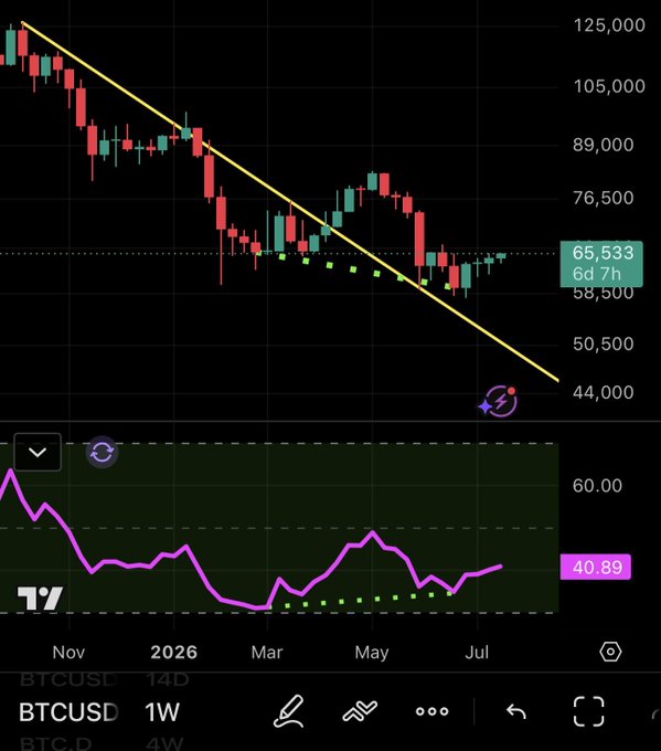 A weekly BTCUSD candlestick chart shows Bitcoin trading at $65,533, with price having broken above a descending trendline after bottoming near $44,000–$50,500, while an RSI indicator at 40.89 on the lower panel supports the post's claim that Bitcoin has bottomed and is reversing upward against bearish sentiment.
