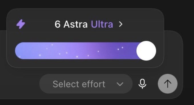 A dark-themed user interface panel displays a label reading '6 Astra Ultra >' above a purple-to-blue gradient slider bar with a white handle, and a 'Select effort' dropdown menu below it.