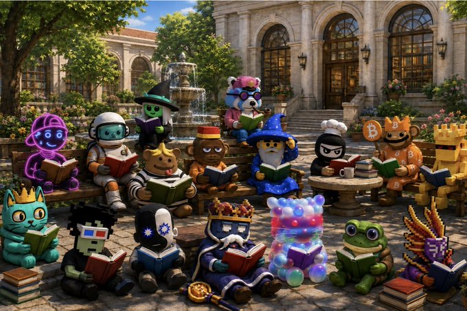 Illustration of various crypto/NFT characters including Bitcoin, a wizard, astronaut, and others reading books in a courtyard.