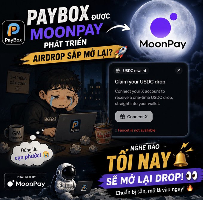 A Vietnamese crypto promotional graphic announcing that PayBox, powered by MoonPay, will reopen its faucet/airdrop tonight ("TỐI NAY SẼ MỞ LẠI DROP!"), with the post humorously depicting a crying user who farmed for 3-4 hours only to receive a "Faucet is not available" message on the USDC reward claim screen.