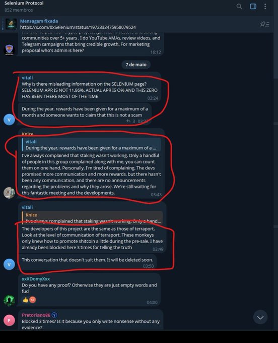 A Telegram chat from the 'Selenium Protocol' group shows a user named 'vitali' criticizing the project's APR and staking issues, circled in red, while another user 'xxXDomyXxx' calls it empty words.