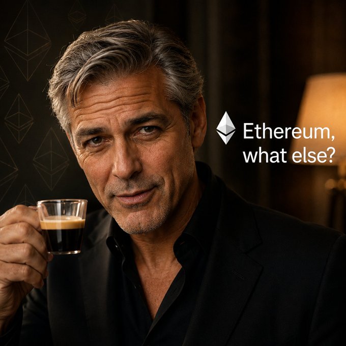 An AI-generated or edited image resembling George Clooney in a Nespresso-style Nescafé ad, holding an espresso cup with the Ethereum logo and the text 'Ethereum, what else?' displayed beside him.