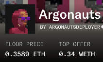 A pixelated character NFT from the "Argonauts by ArgonautsDeployer" collection is shown, with a floor price of 0.3589 ETH and a top offer of 0.34 ETH. The image relates to the post by highlighting the strong current market value of the Argonauts NFT collection, supporting the claim that paid mints create more valuable NFT projects.
