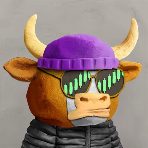 A 3D rendering of a bull character wearing a purple beanie and sunglasses with green candlestick charts reflected in the lenses, wearing a black puffer jacket.