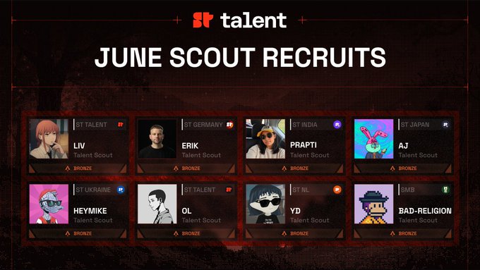 A 'Talent+ JUNE SCOUT RECRUITS' banner showcases eight Bronze tier scouts from various countries (Germany, India, Japan, Ukraine, NL, GMB) with usernames like LIV, ERIK, PRAPTI, AJ, HEYMIKE, OL, YD, and BAD-RELIGION.