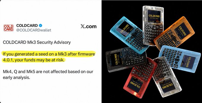 A security advisory tweet from COLDCARD (@COLDCARDwallet) warning about a 'COLDCARD Mk3 Security Advisory' highlighted in yellow: 'If you generated a seed on a Mk3 after firmware 4.0.1, your funds may be at risk', accompanied by an image of various colorful COLDCARD hardware wallets.