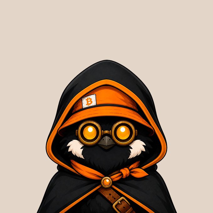 A cartoon penguin-like creature wearing an orange and black hooded cloak, a hat with a Bitcoin 'B' logo, and round yellow goggles, on a cream background.