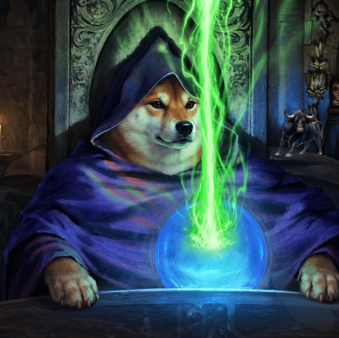 A Shiba Inu dog dressed in a purple wizard robe conjures a swirling orb of blue and green mystical energy in a dimly lit chamber. The image humorously plays on the "gm" (good morning) crypto greeting, depicting the Shiba as a powerful spellcaster ready to unleash some "magic" on Monday.