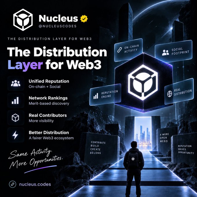 A promotional graphic for 'Nucleus' (@NUCLEUSCODES) describing itself as 'The Distribution Layer for Web3', featuring a futuristic hexagonal design with text like 'Unified Reputation' and 'Network Rankings'.
