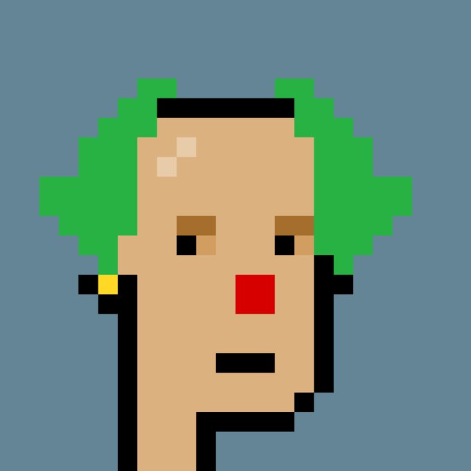 Pixel art portrait of a person with green hair, a tan face, red lips, and a yellow earring against a gray background.