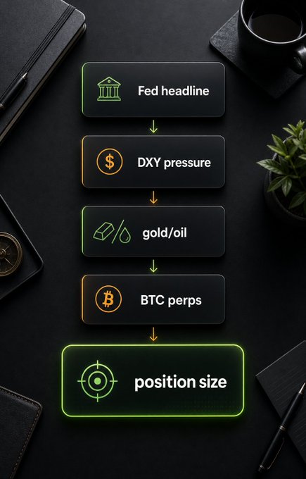 "“Trade the Fed headline” is one of the most expensive comfortable beliefs on the screen. The odd receipt is what happens after the headline: DXY pressure, gold/oil behavior, index futures, and Bitcoin perp funding either start rhyming... or they expose a fake move."