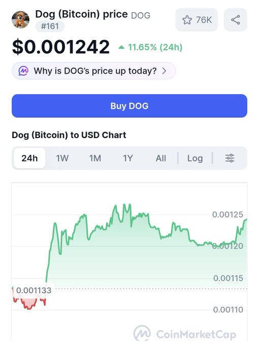 A CoinMarketCap chart for Dog (Bitcoin) / DOG showing a current price of $0.001242, up 11.65% in the last 24 hours.
