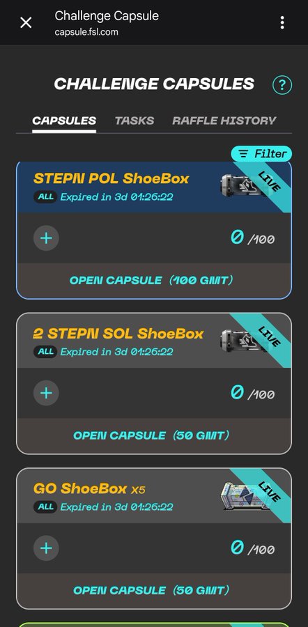 A screenshot from capsule.fsl.com displaying the Challenge Capsules page with "STEPN POL ShoeBox," "2 STEPN SOL ShoeBox," and "GO ShoeBox x5" capsules, each showing "0/100" progress and indicating they are live with expiration timers of 3d 01:26:22. The image highlights the newly released STEPN POL capsule the user mentions, alongside two SOL capsule options.