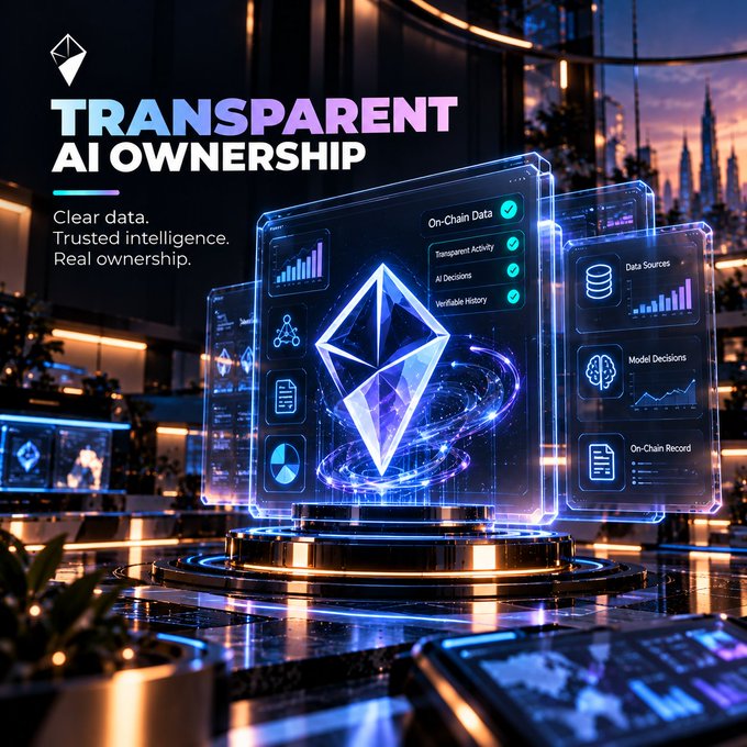 Promotional graphic for 'Transparent AI Ownership' with the tagline 'Clear data. Trusted intelligence. Real ownership,' featuring a glowing Ethereum-style logo with on-chain data panels.