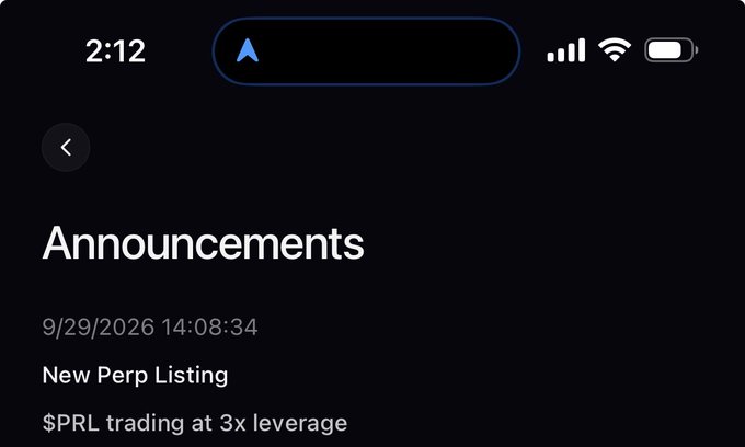 A screenshot of an "Announcements" page shows a 9/29/2026 entry titled "New Perp Listing" announcing that "$PRL trading at 3x leverage," directly addressing the post's question about $PRL bulls by highlighting the new perpetual futures listing for the token.