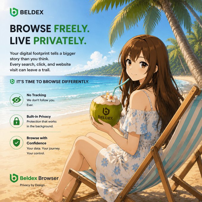 A promotional advertisement for Beldex Browser featuring an anime-style girl on a beach chair drinking from a coconut, with text "BROWSE FREELY. LIVE PRIVATELY." and highlights including "No Tracking," "Built-In Privacy," and "Browse with Confidence."