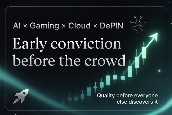 The image is a promotional graphic for $YOM (YOM_Official) featuring a green candlestick chart with an upward arrow, highlighting the project's focus at the intersection of AI, Gaming, Cloud, and DePIN, alongside the tagline "Early conviction before the crowd — Quality before everyone else discovers it."

This visual directly reinforces the post's message by illustrating YOM's positioning as an early-stage investment opportunity in high-growth crypto narratives, with the rising chart symbolizing the potential upside of getting in before mainstream adoption.