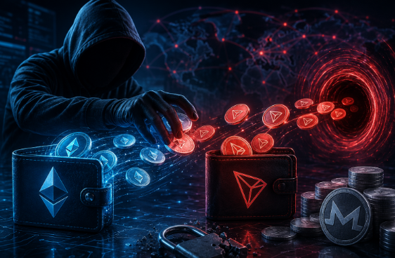 A digital artwork depicting a hooded hacker figure reaching for cryptocurrency tokens, with Ethereum and Tron wallets, stacks of coins, and a red vortex background.