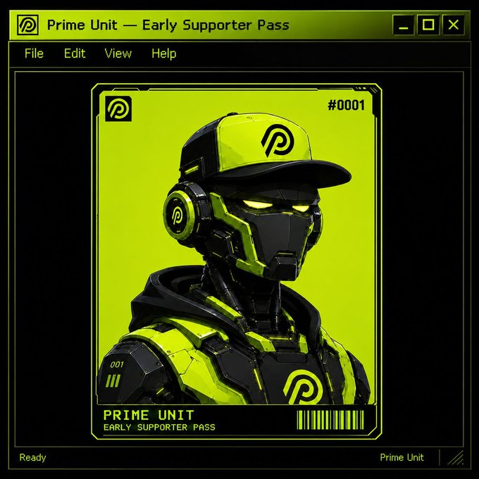 A digital artwork in a retro computer window interface titled 'Prime Unit — Early Supporter Pass' featuring a yellow and black robotic figure wearing a cap and headphones, marked #0001.