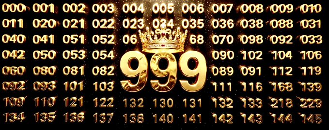 A black background with golden numbers and a large stylized "999" topped with a crown, surrounded by various three-digit numbers like 001, 002, 003, etc.