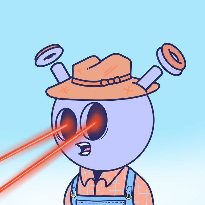 An illustration of a purple cartoon character wearing an orange hat and overalls, shooting red laser beams from its eyes against a light blue background.
