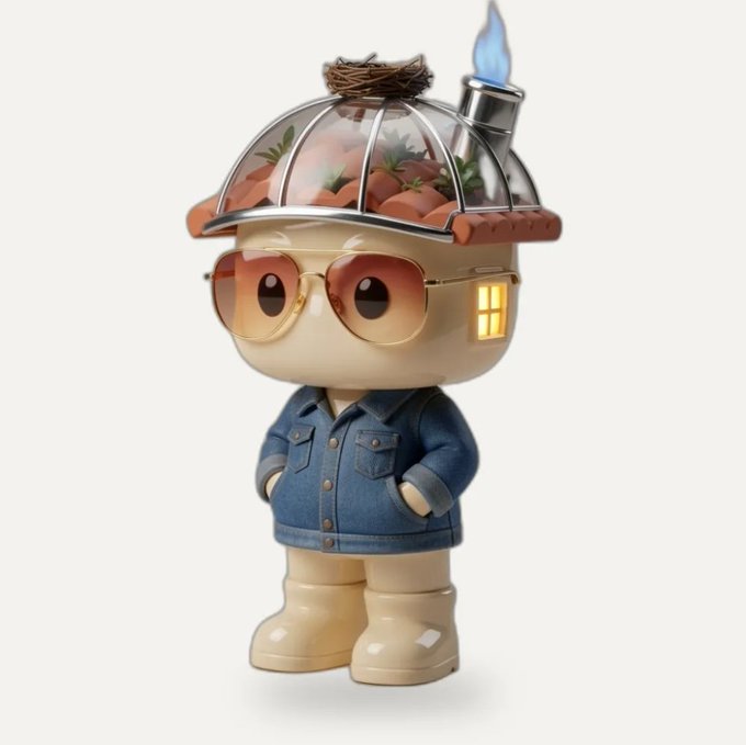 A 3D rendered cartoonish figure wearing a denim jacket, beige boots, oversized aviator sunglasses, and a transparent dome helmet containing a bird's nest and greenery, with a small flame and chimney attached to the side.