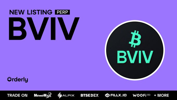 Promotional graphic announcing the new perpetual futures listing of $BVIV on Orderly, featuring the token's black circular logo with a Bitcoin symbol, and listing partner DEXs at the bottom including MemeMax, Alpix, BTSEDEX, Fillx.io, Woofi, and more where traders can access up to 10x leverage across 400+ perp DEXs.