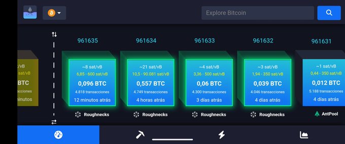 A Bitcoin Ordinals marketplace interface displaying turquoise and cyan NFT blocks (numbers 961635–961631) priced in sat/vB and BTC, attributed to creators "Roughnecks" and "AntPool."