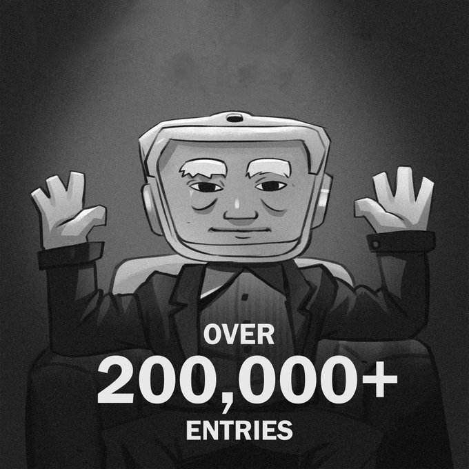 A black and white cartoon illustration of a man in a headset with his hands raised, captioned 'OVER 200,000+ ENTRIES'.