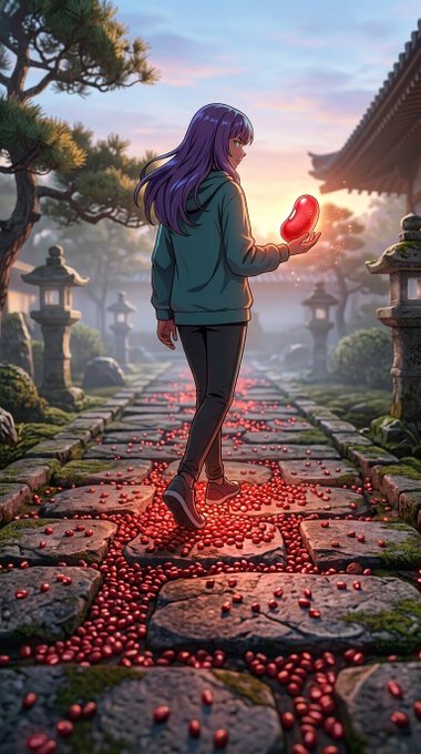 An anime-style illustration of a girl with long purple hair in a green hoodie holding a red, heart-like object, standing on a stone path scattered with red petals in a serene Japanese garden at sunset.