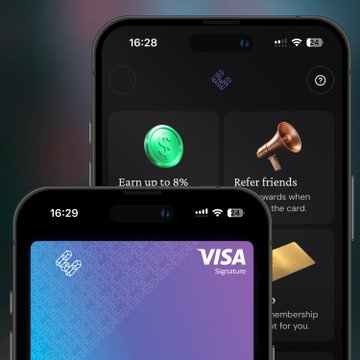 Two iPhones display the redesigned EtherFi app interface, showcasing a green token icon with "Earn up to 8%" and a "Refer friends" section on the top phone, while the bottom phone features a blue/purple gradient card design labeled "VISA Signature," visually highlighting the app's new all-in-one capabilities for earning, trading, and spending with crypto and tokenized assets.
